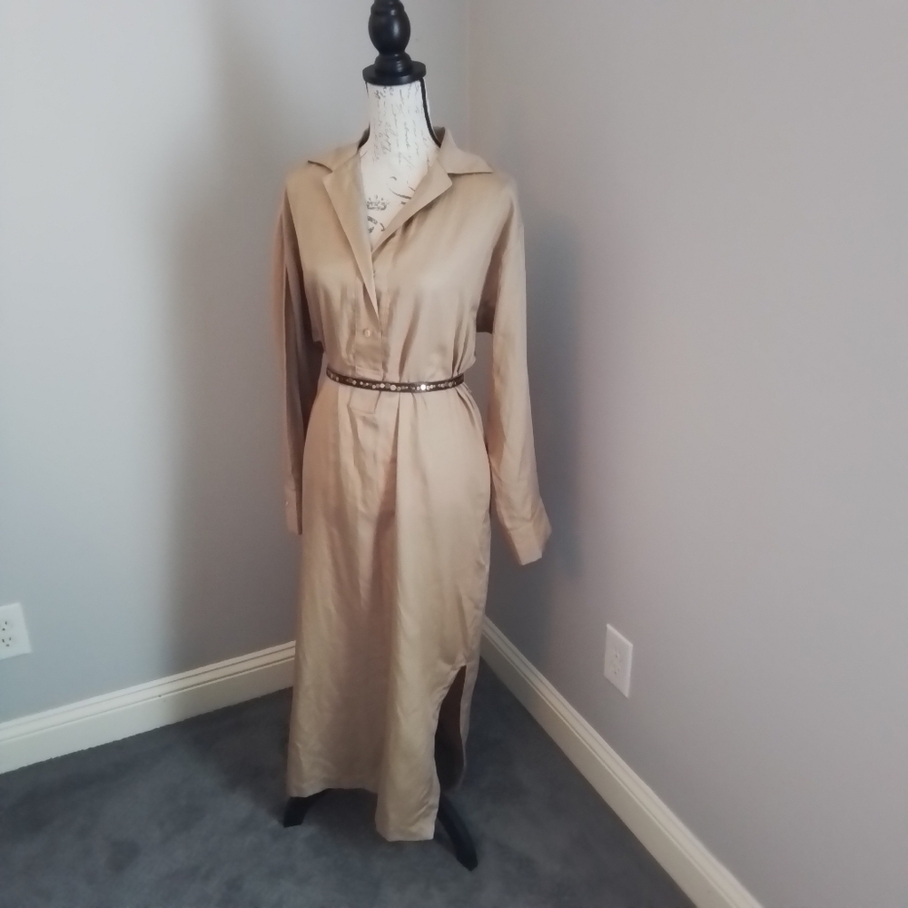 Arch The Open Collar Beige Cotton Silk Shirt Dress - 36/2